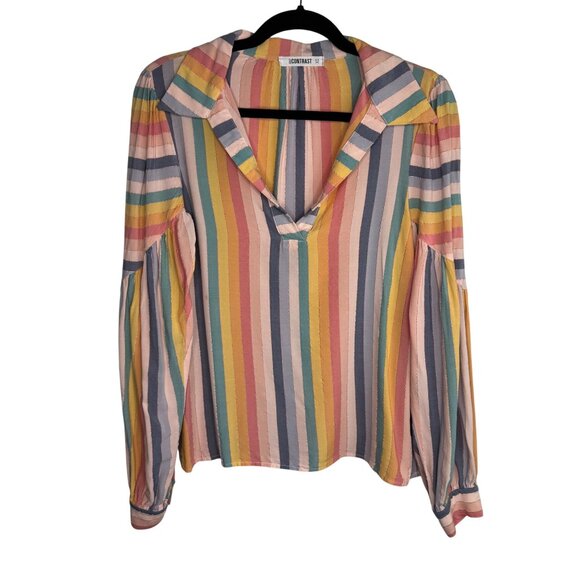 Self Contrast Women's XS Metallic Rainbow Striped V Neck Long Sleeve Top - Picture 2 of 9